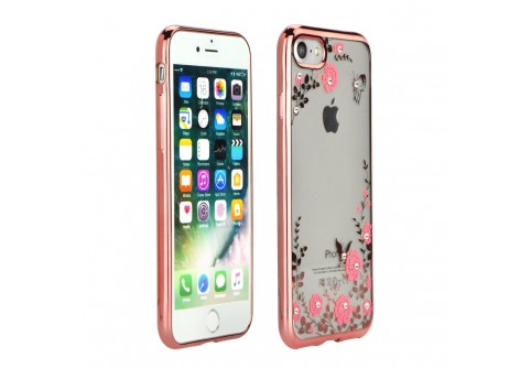 Луксозен силиконов гръб с цветя и камъни за iPhone XR Rose Gold