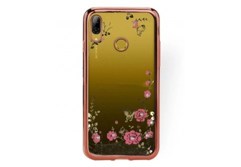 Луксозен силиконов гръб с цветя и камъни за Huawei Y7 2019 Rose Gold